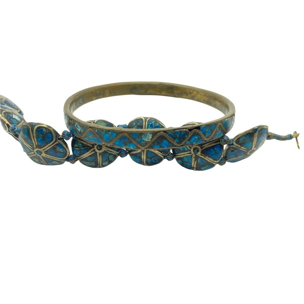Bracelet Set Vintage Blue Crushed Turquoise And Brass Bangle Bracelets 7" Boho